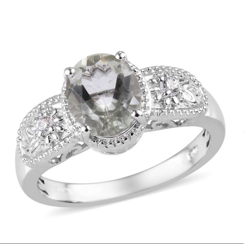 Montezuma Prasiolite with Sim. Diamond Platinum Bond Brass Ring Size 9